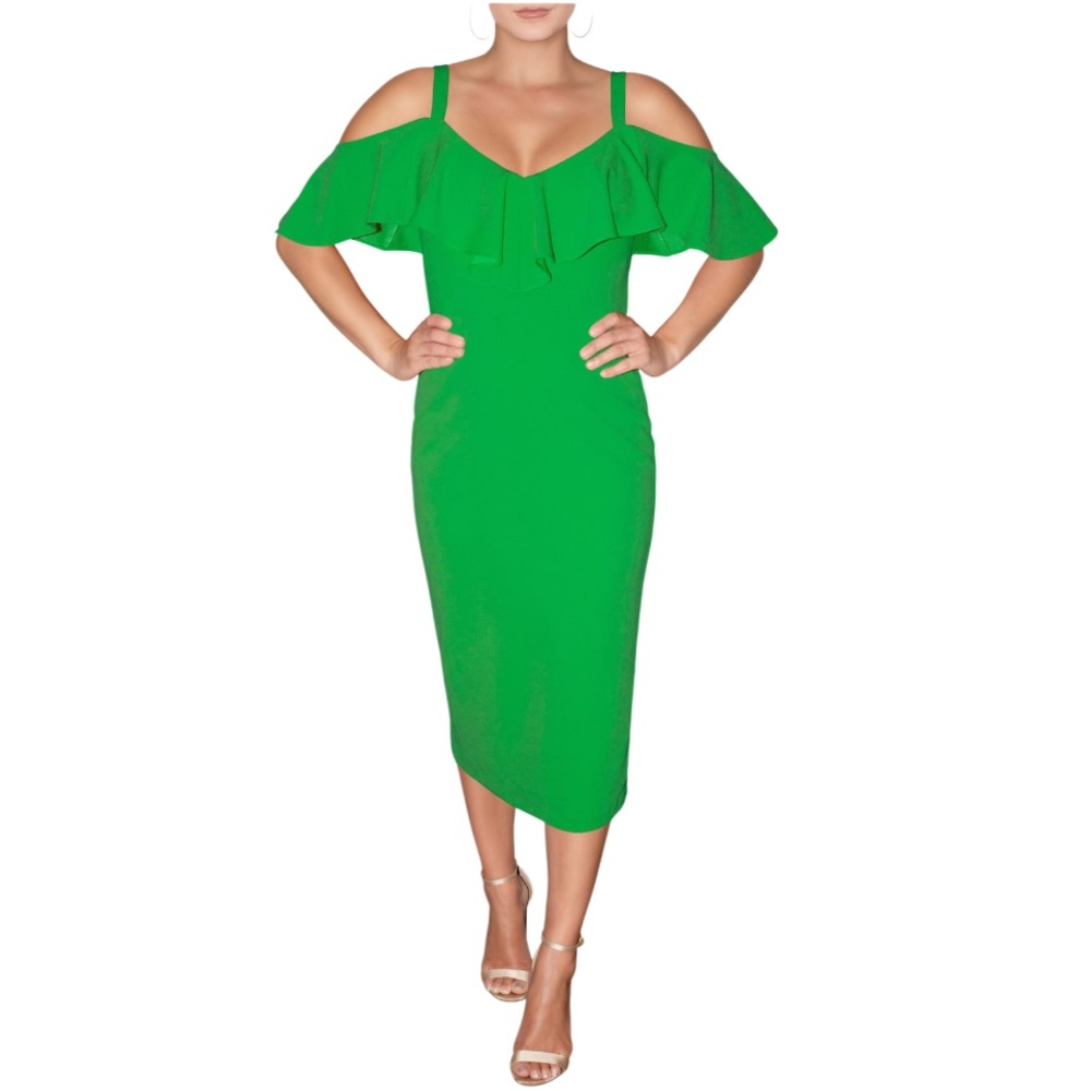 NEW RACHEL ROY Marcella Sheath Bodycon Cold-Shoulder Flutter Dress Green L $198